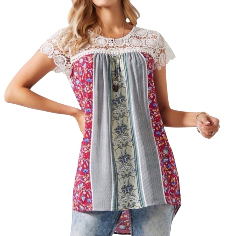 Pink White Floral Lace Boho Chic Short Sleeve Top